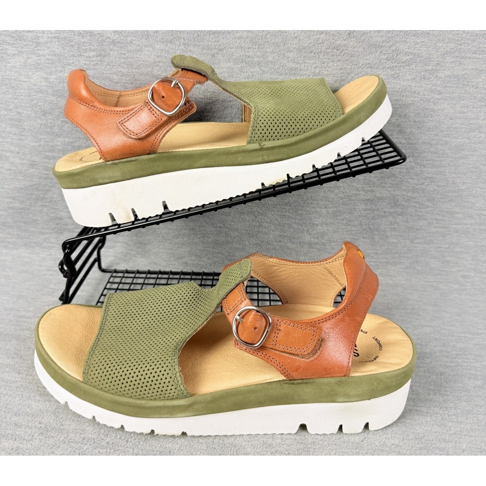 Samuel Hubbard Portola T-Strap Sandals Womens 9 W Green Nubuck Leather Platform
